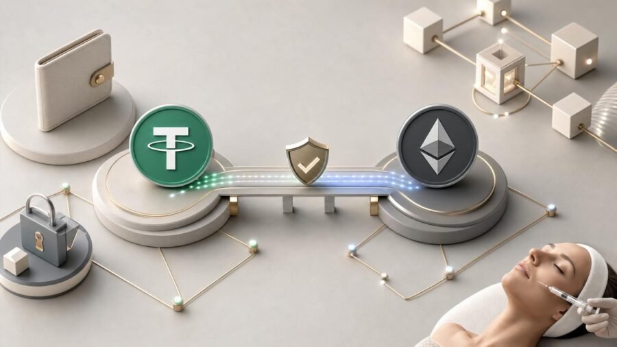 A wallet and exchange interface showing USDT and ETH network checks before a cryptocurrency transaction is confirmed
